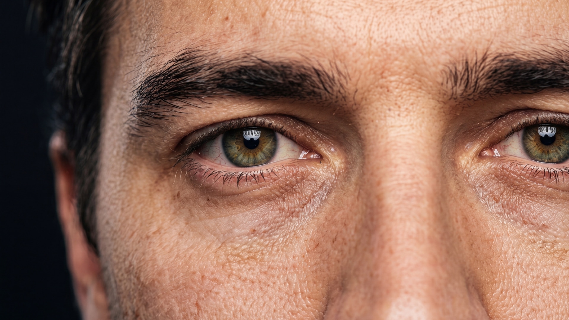 Close-up of a man's green eyes with a serious, pensive expression