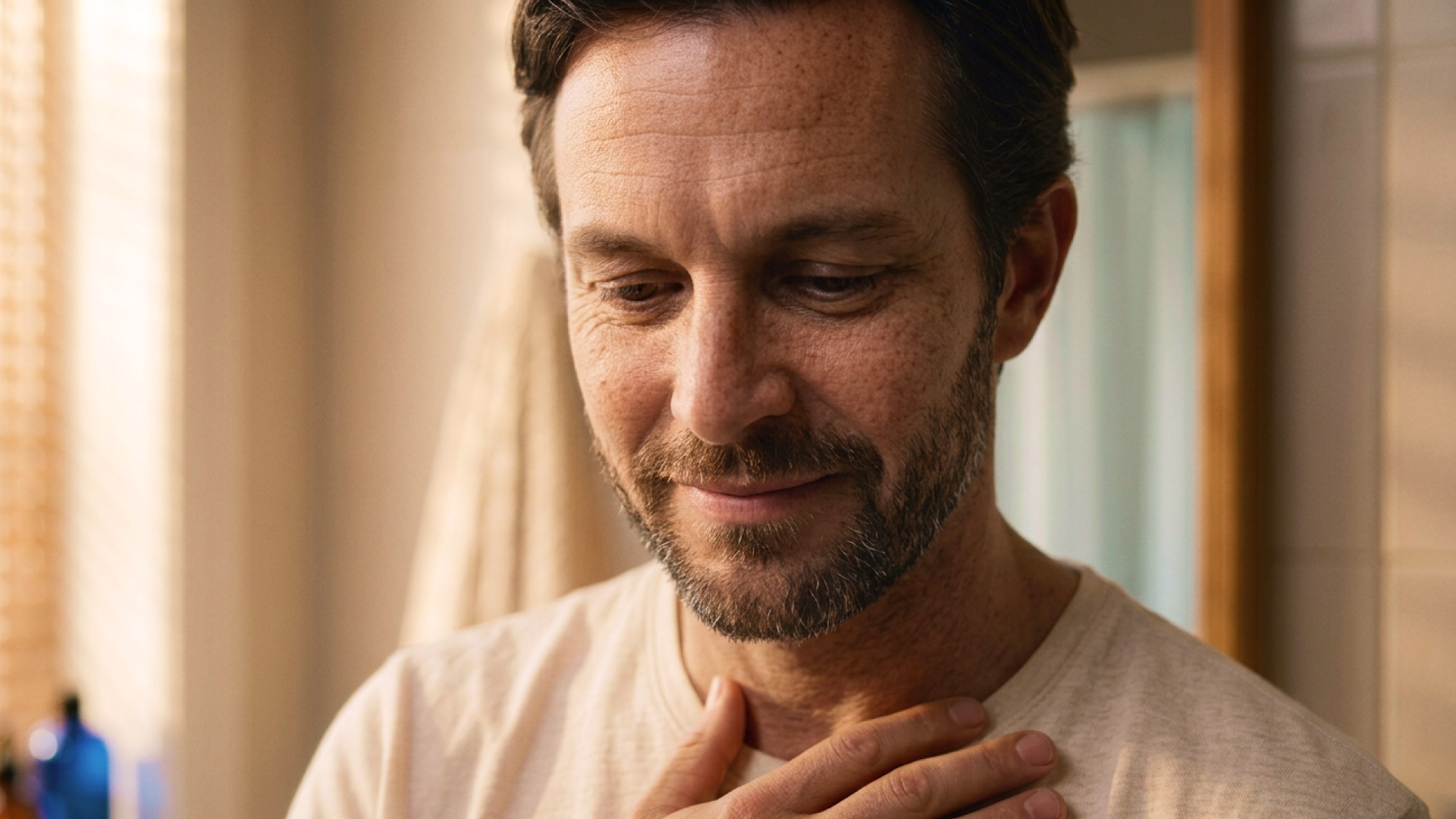 Bearded man standing in a bathroom with one hand pressed to his chest