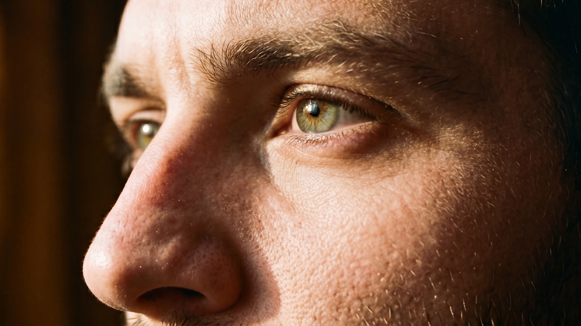 Close-up of a pensive man's face lit by warm side light, gazing away