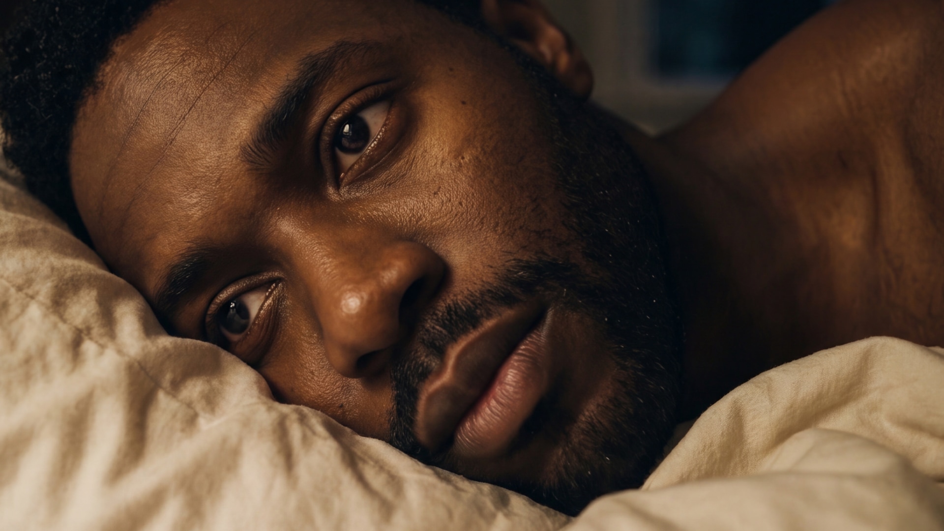 Man lying awake in bed at night, looking troubled and unable to sleep