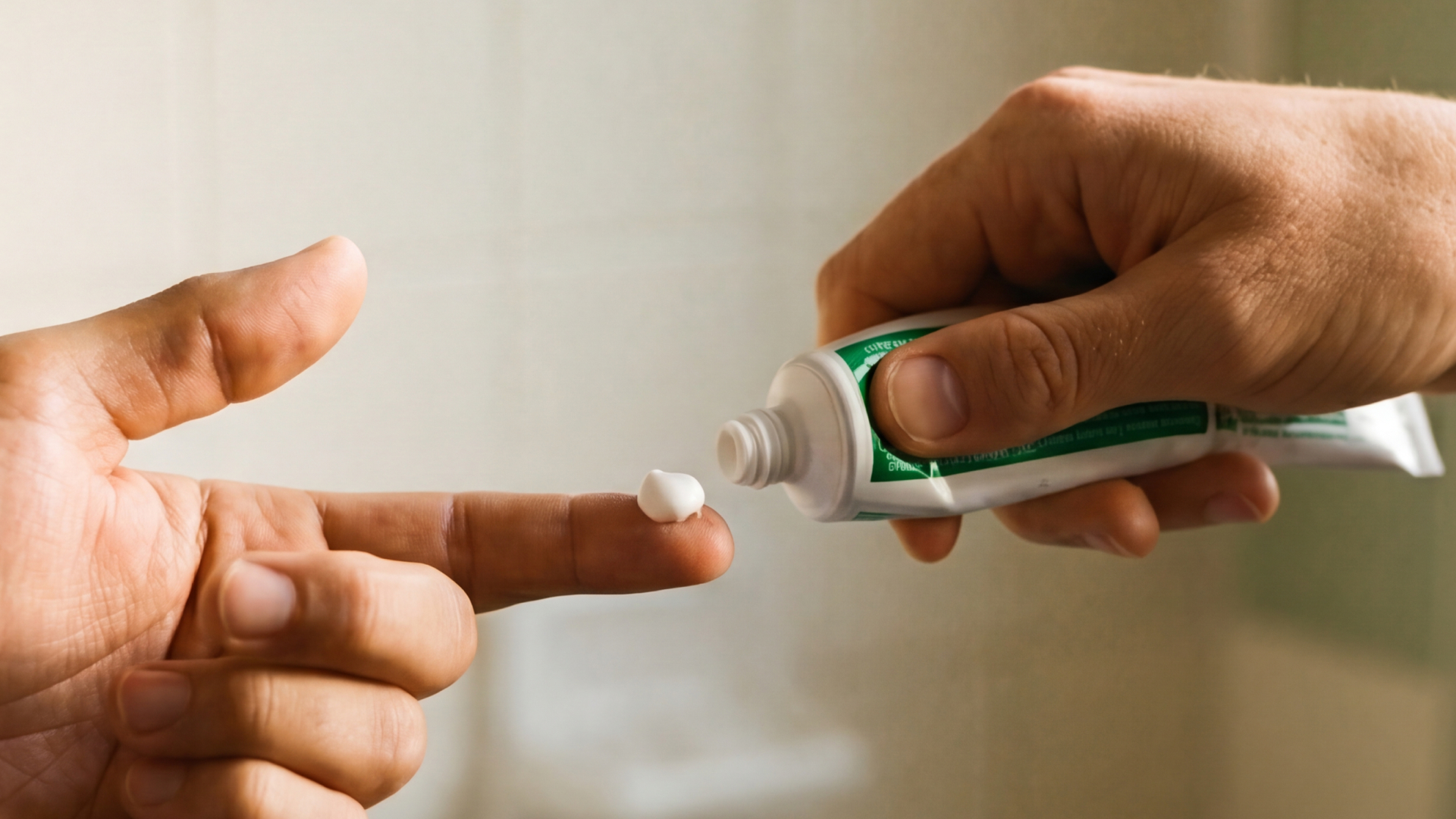 Person squeezing a dab of toothpaste from a green tube onto their fingertip