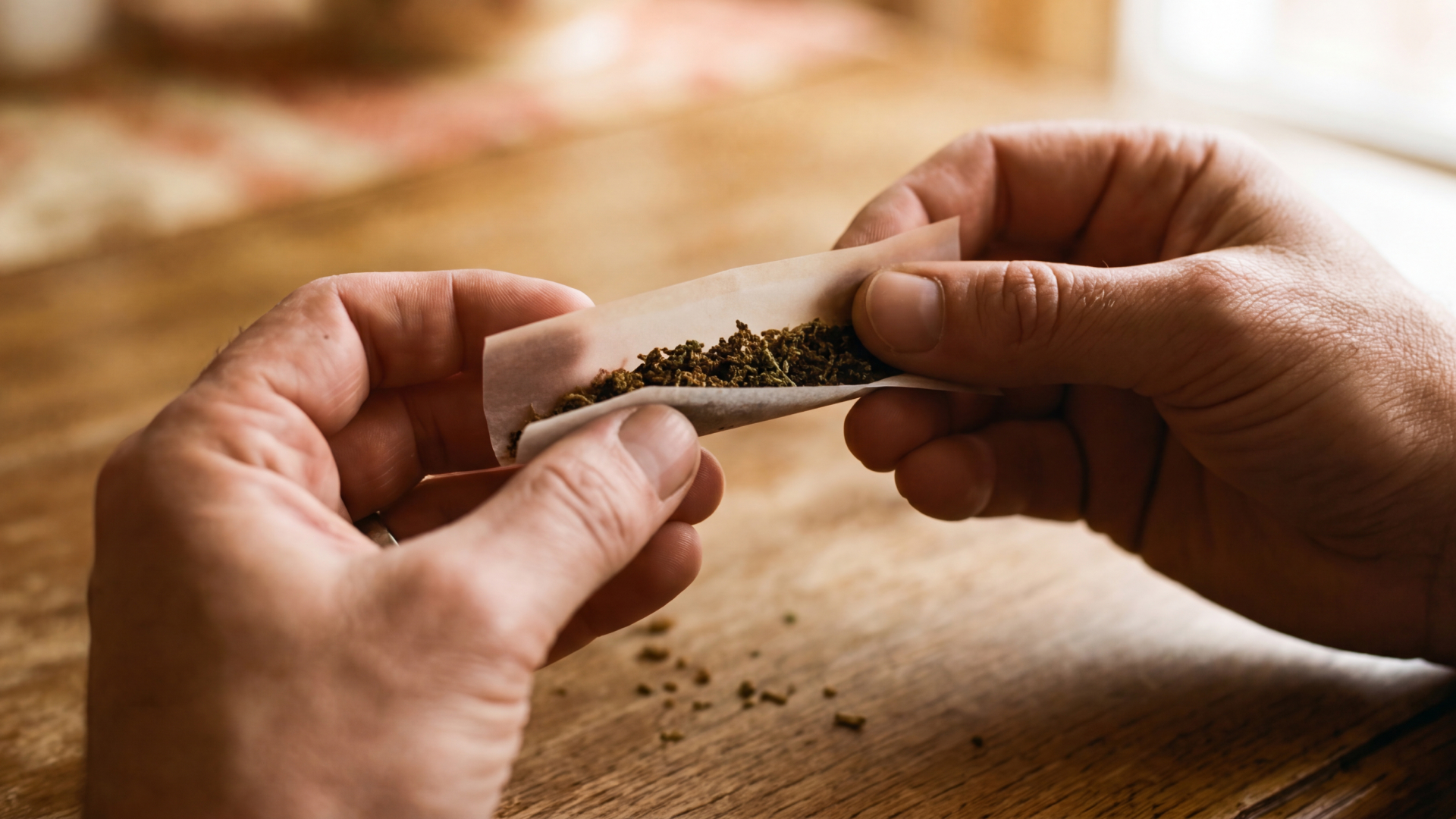 Close-up of a man's hands rolling a cannabis joint on a wooden table
