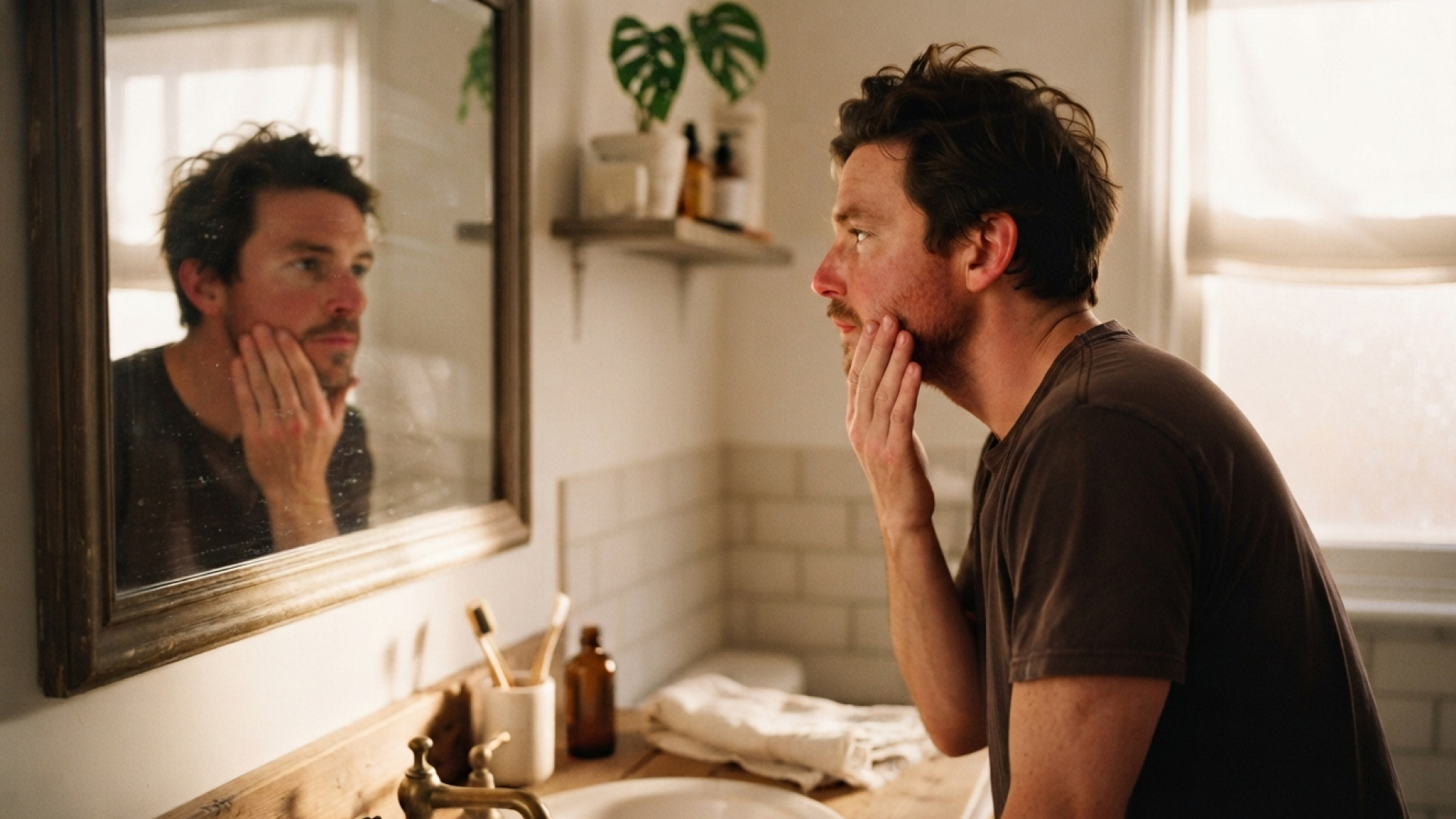 A man leans toward a bright bathroom mirror, touching his flushed pink cheek as he examines his face.