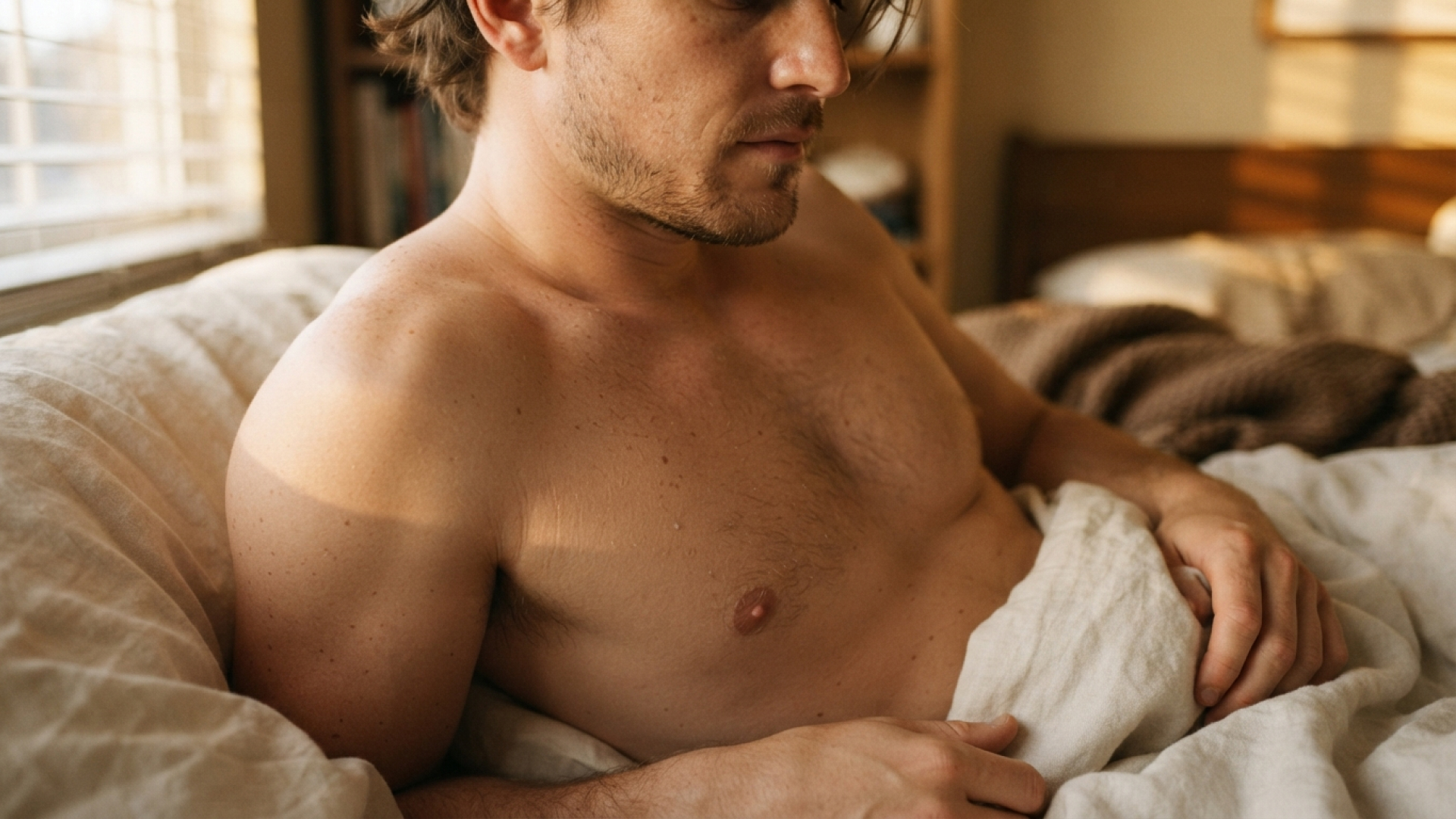 A shirtless man reclines in bed with a sheet across his lap, looking down with a thoughtful expression.