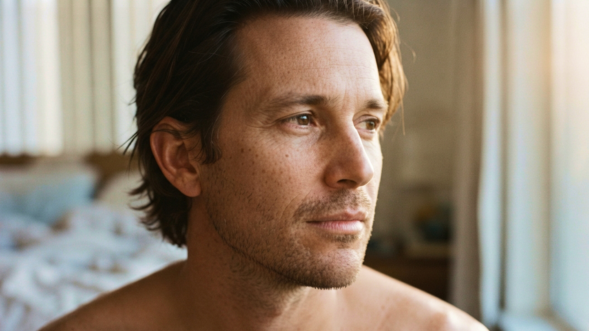 A shirtless man sits on the edge of a sunlit bed, looking away with a pensive expression.