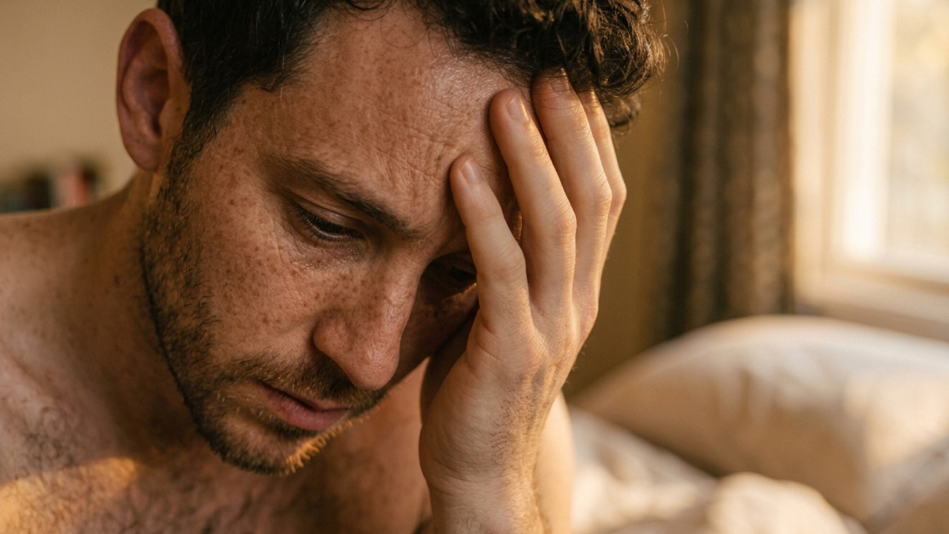 Middle-aged man with freckles and stubble holds his head in his hands, looking intensely worried