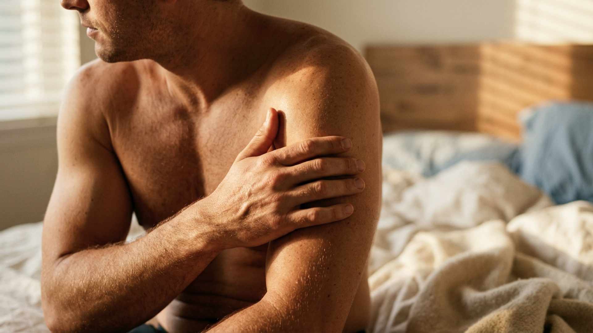 A muscular topless white man sits on a bed, looking pensively to the side