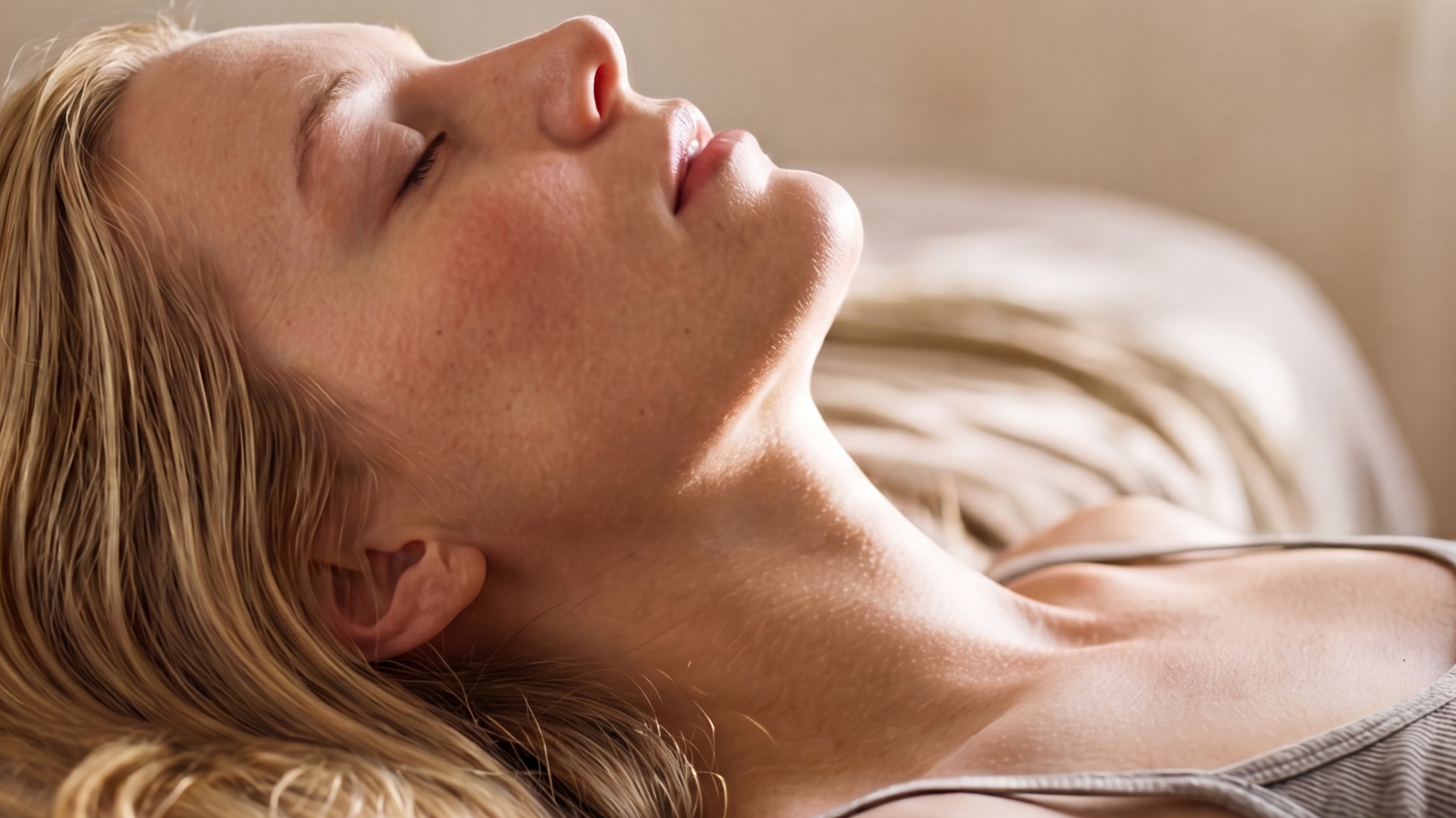 A white woman with blonde hair lies back in bed with her eyes closed. She looks relaxed and content.