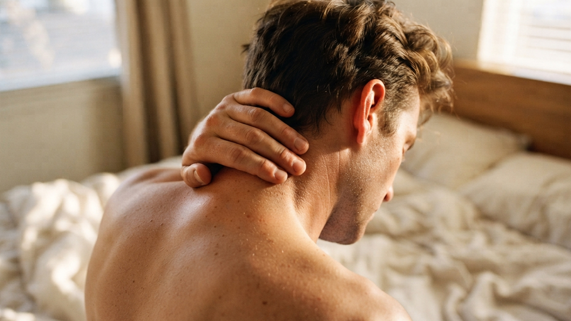 A white man with brown hair rubs the back of his neck, seeming stressed. He's topless.