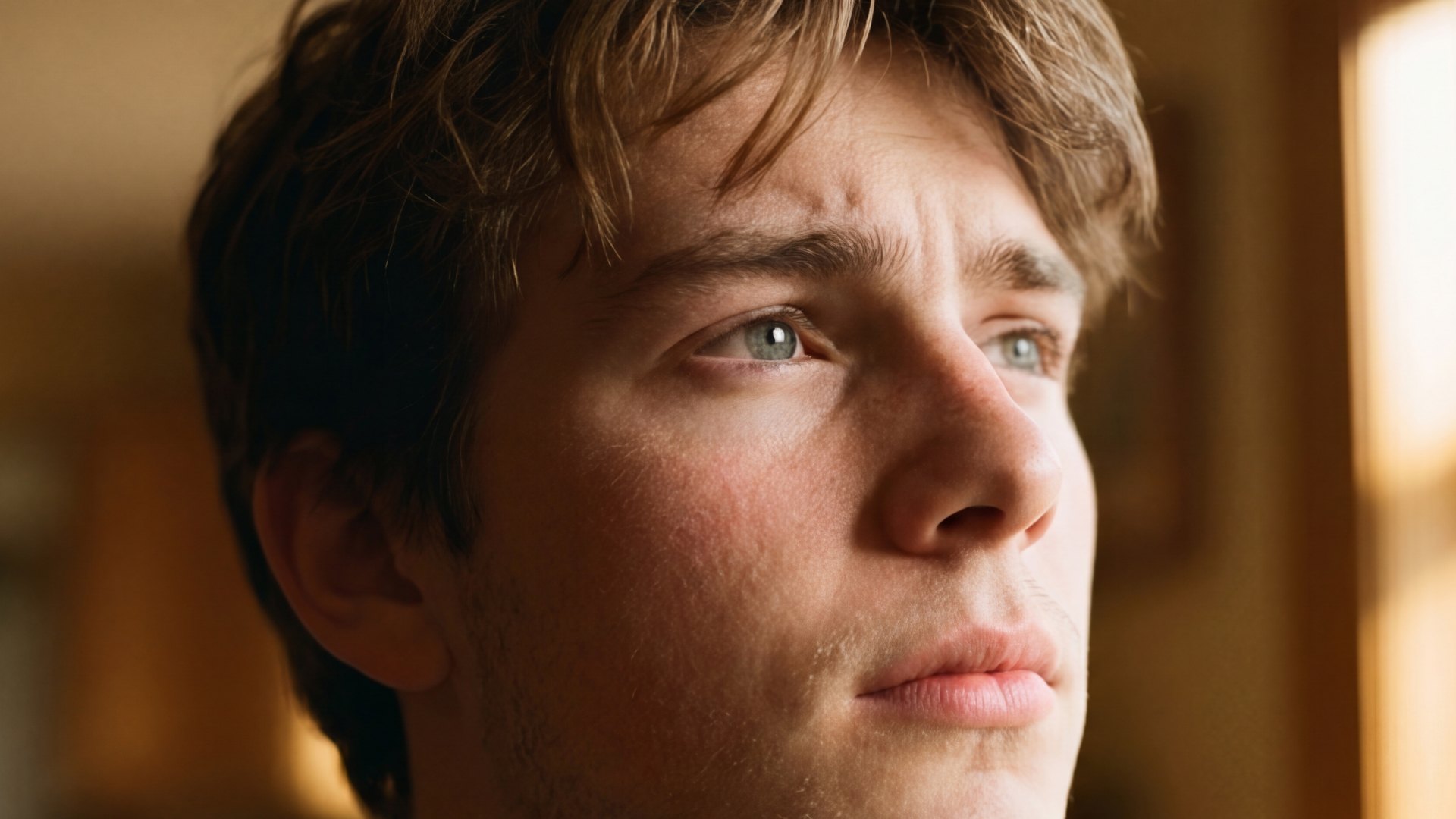 A worried, white teenage boy with floppy hair looks into the distance