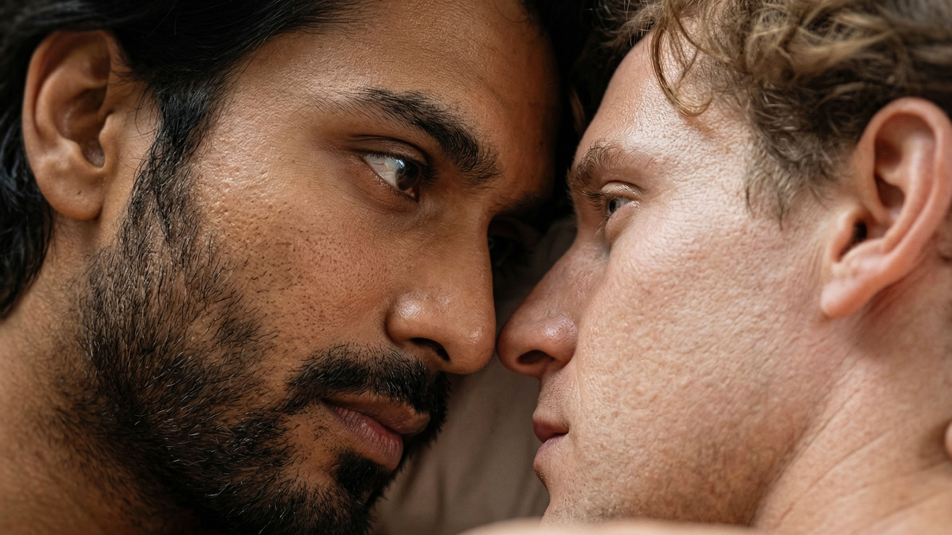 An Asian man and a white man gaze into each other's eyes. They are laying down.