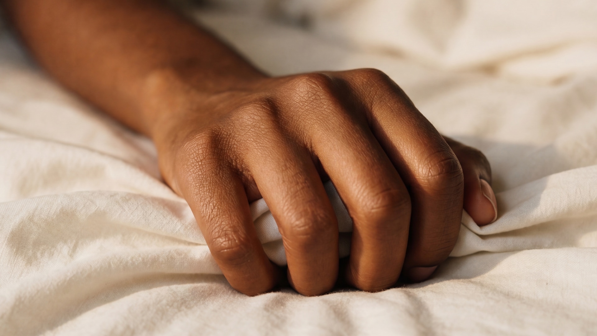 A brown-skinned woman's hand, lighting gripping beige bedsheets