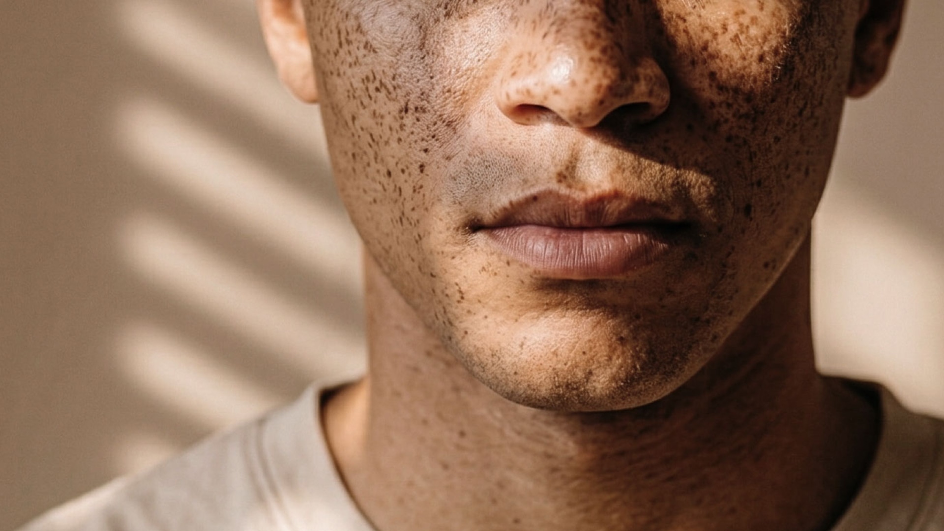 A young, heavily freckled Black man's face, close up so that only his nose, mouth and neck are in shot.