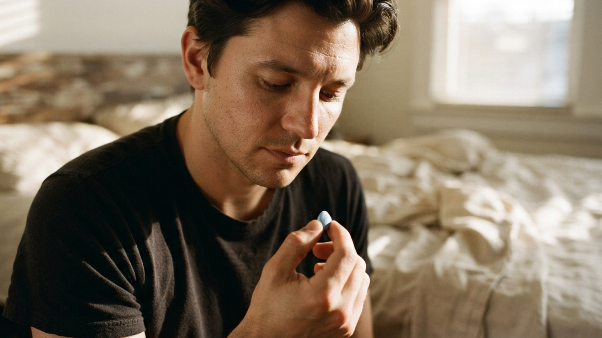 A young, white man in a black t-shirt holds a little blue pill close to his face and looks worriedly at it