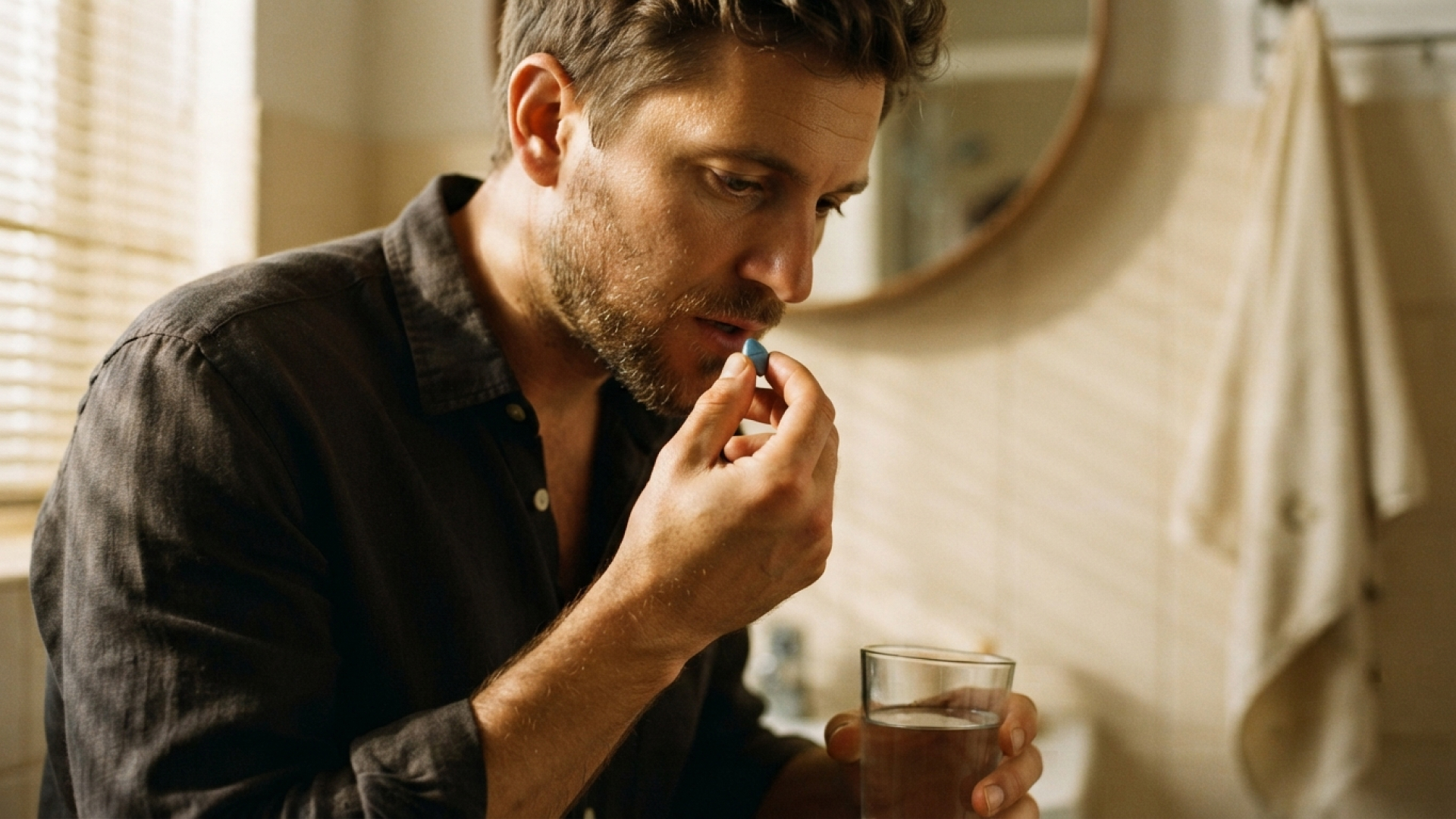 A middle-aged white man is about to put a little blue pill in his mouth. In his other hand, he holds a glass of water.