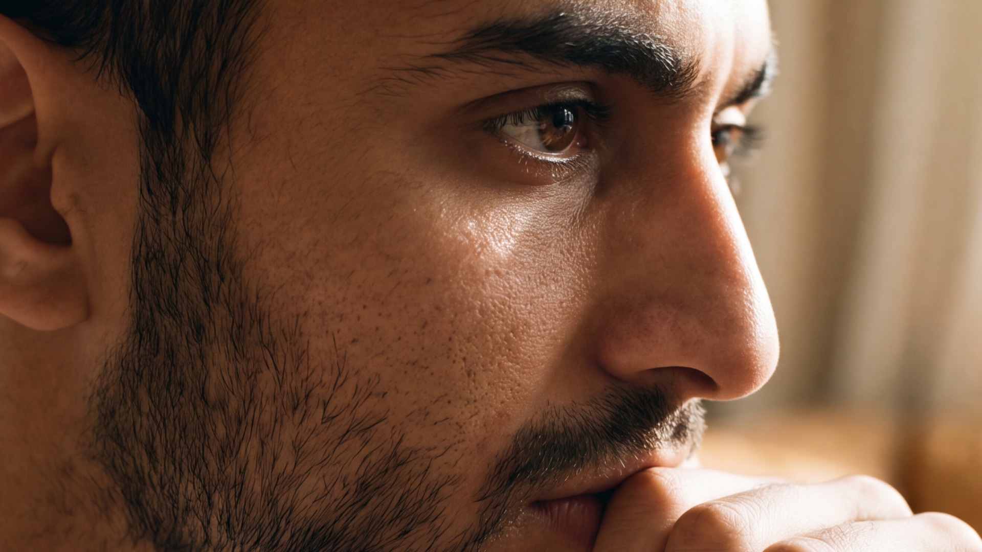 A close-up of a Middle Eastern man in his 30s looking worried