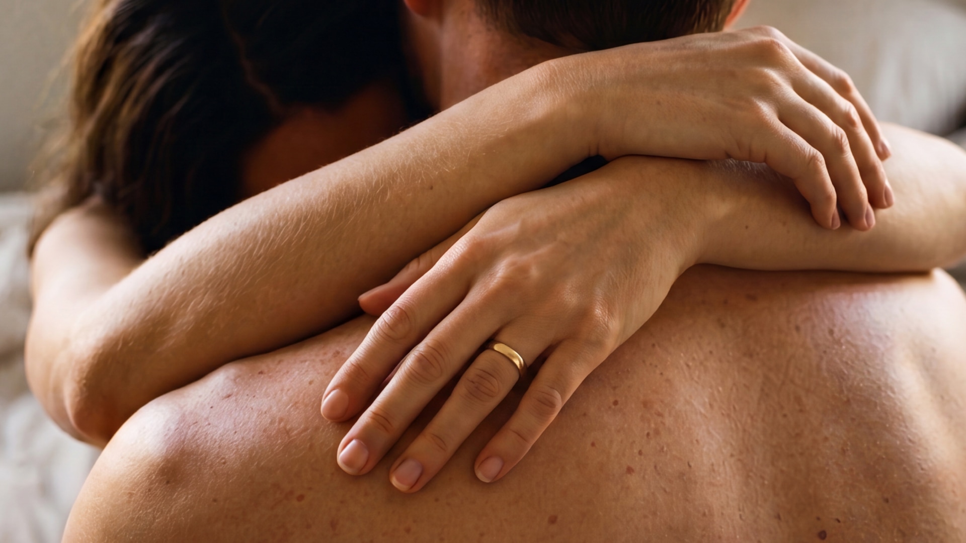 A close-up of a white couple with dark hair embracing; you can see the woman's wedding ring on her finger