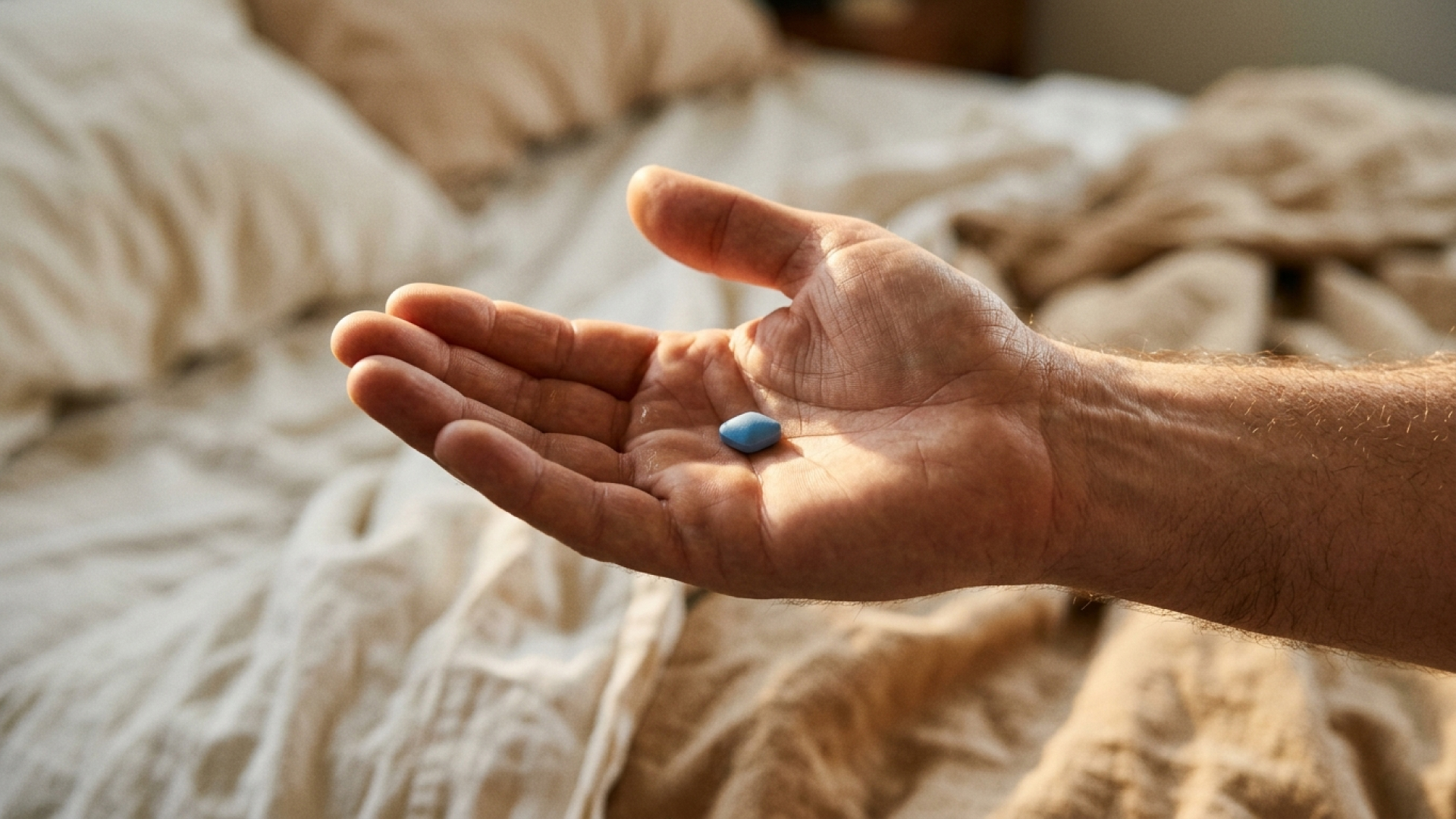A man holds a little blue pill above a rumpled bed.