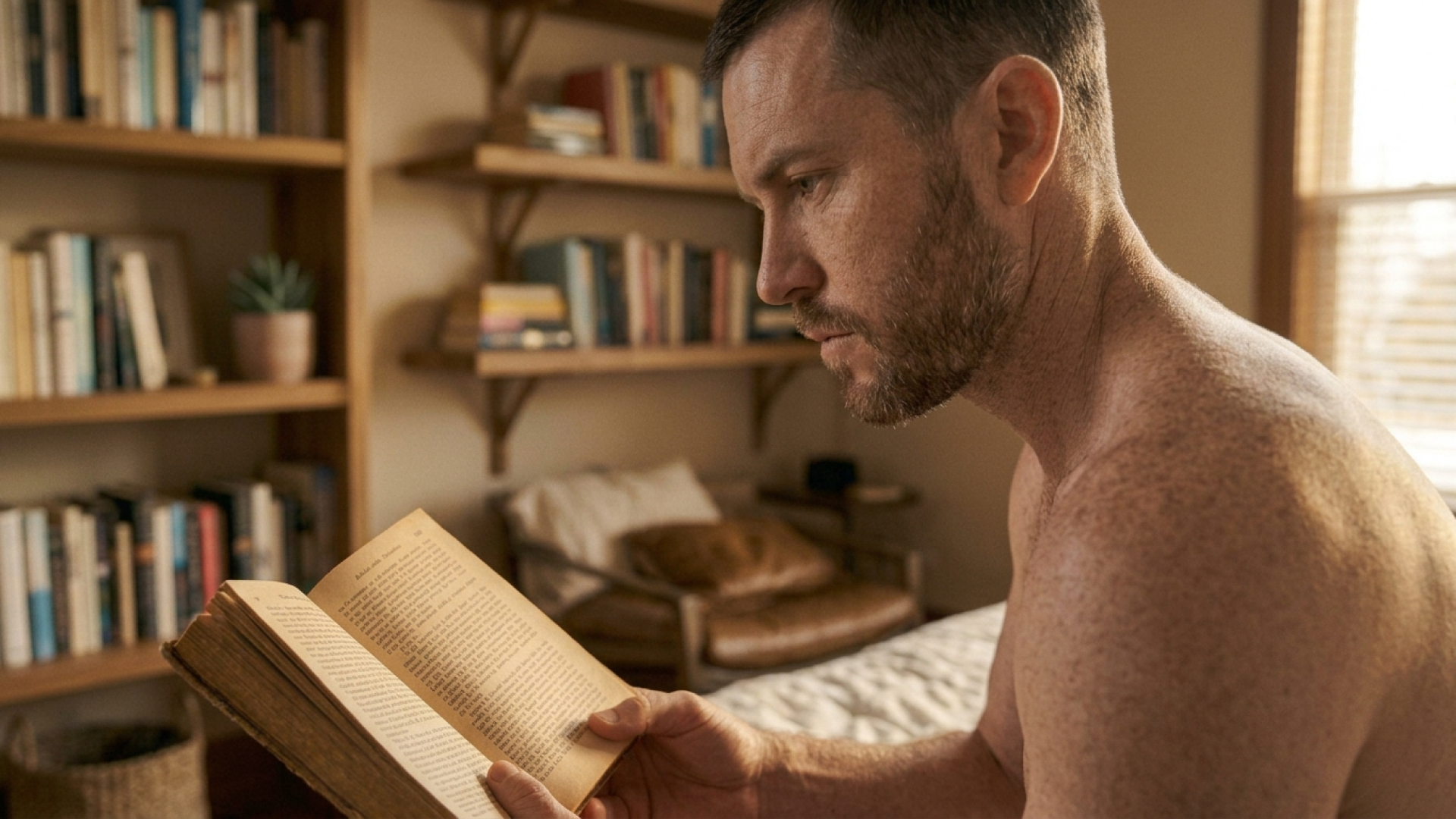 A shirtless man sits in a bedroom reading an old book in front of a bookshelf