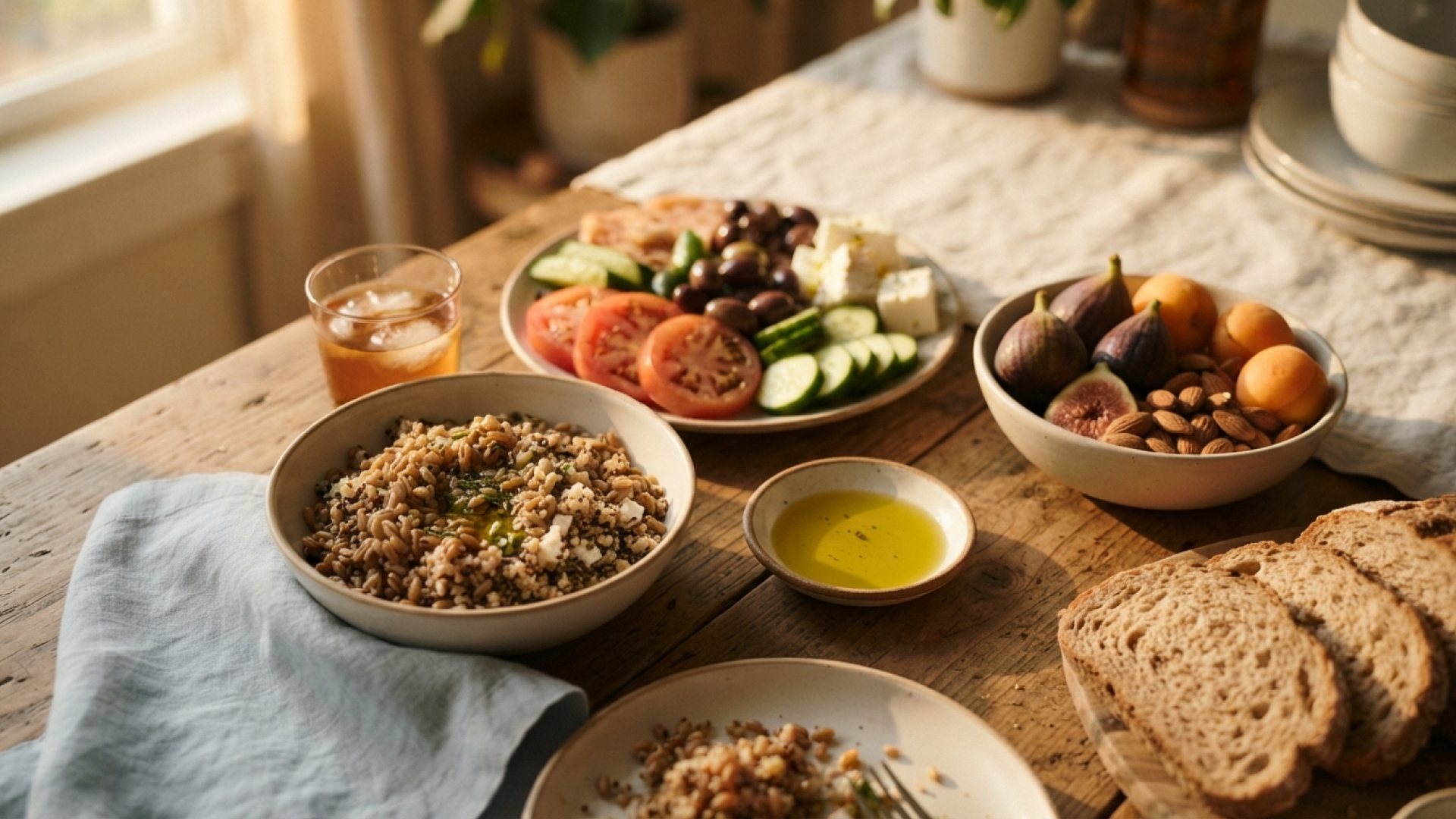 A table set with wholegrains, tomatoes, cucumber, feta, olives, figs, nuts, olive oil and wholegrain bread