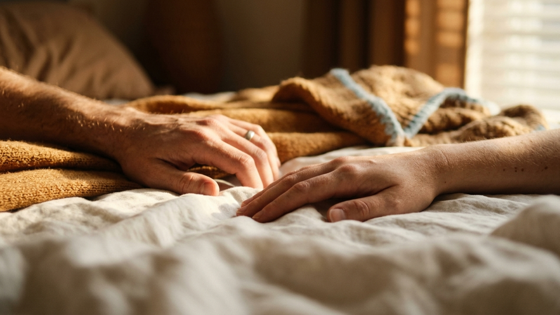 Two hands rest a short distance apart on a bed in warm light, one wearing a wedding ring