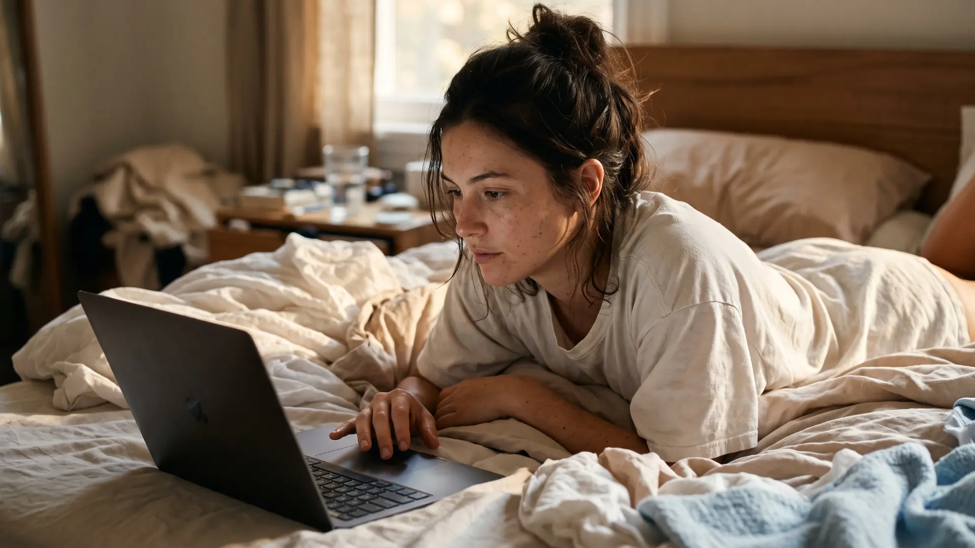 A woman lies on her front in bed looking at a laptop