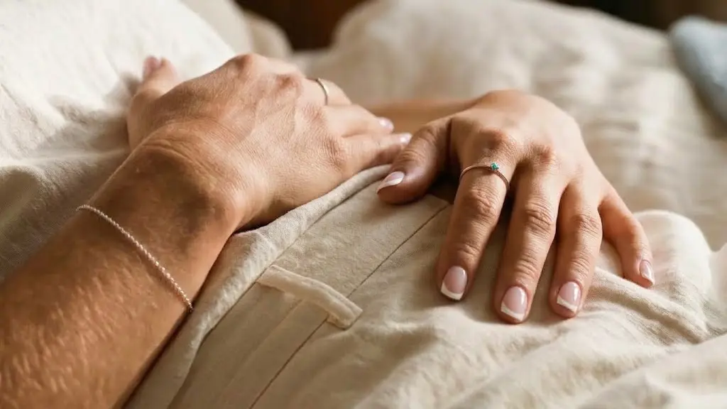 A woman's hands resting on cream linen bedding, wearing delicate silver rings