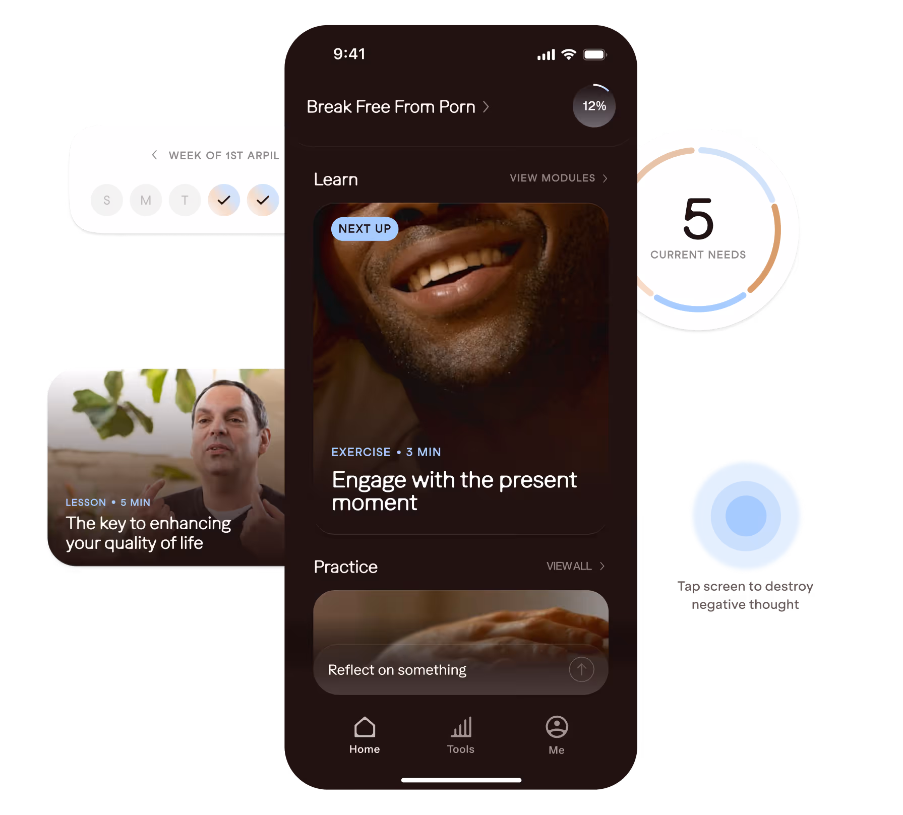 Mobile app screen titled 'Break Free From Porn' showing a progress circle at 12%. The Learn section highlights an exercise titled 'Engage with the present moment' with an image of a smiling person's mouth. Below, the Practice section has a prompt to 'Reflect on something' with a close-up image of hands. A smaller inset image shows a man with the text 'The key to enhancing your quality of life' in a lesson of 5 minutes. The top includes a weekly calendar for the week of 1st April, indicating days Sunday through Thursday with check marks on Friday and Saturday. A circular graph indicates '5 Current Needs.' Navigation icons for Home, Tools, and Me are visible at the bottom.