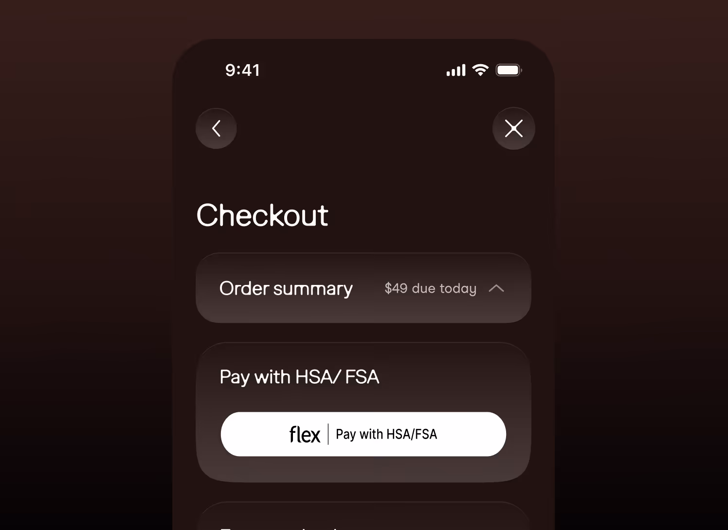 Mobile screen showing a dark-themed checkout interface with an order summary indicating $49 due today, and a payment option labeled Pay with HSA/FSA featuring the brand name Flex.