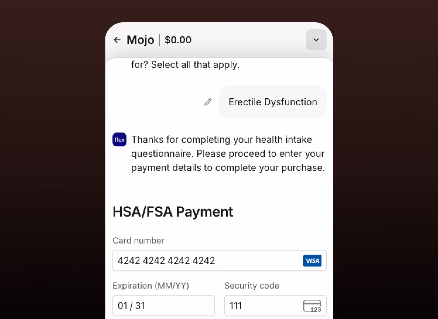 Mobile screen showing a payment form for HSA/FSA with card number, expiration date, and security code fields filled in, following a health questionnaire confirming erection dysfunction. Total cost is $0.00.