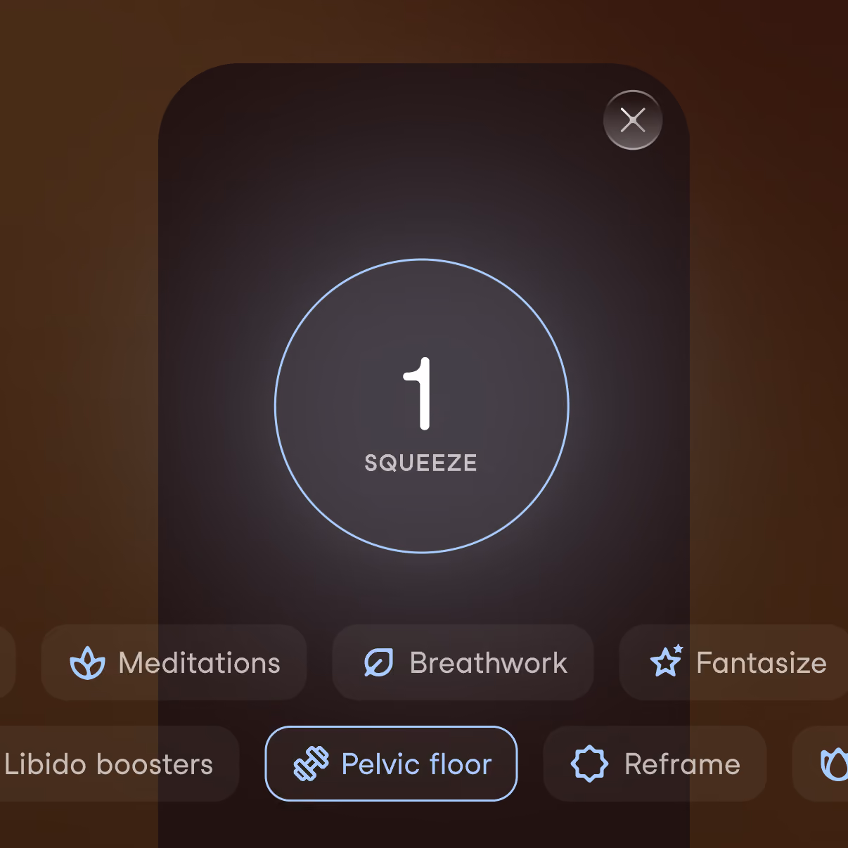User interface screen with a central circle displaying the number 1 and the word 'SQUEEZE' inside, a close button in the top right corner, and categories labeled Meditations, Breathwork, Fantasize, Libido boosters, Pelvic floor, and Reframe at the bottom with the Pelvic floor category highlighted.