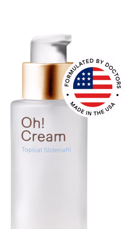 A white pump bottle with a gold collar labeled 'Oh! Cream Topical Sildenafil' alongside a circular badge with the American flag and text 'Formulated by doctors, made in the USA.'