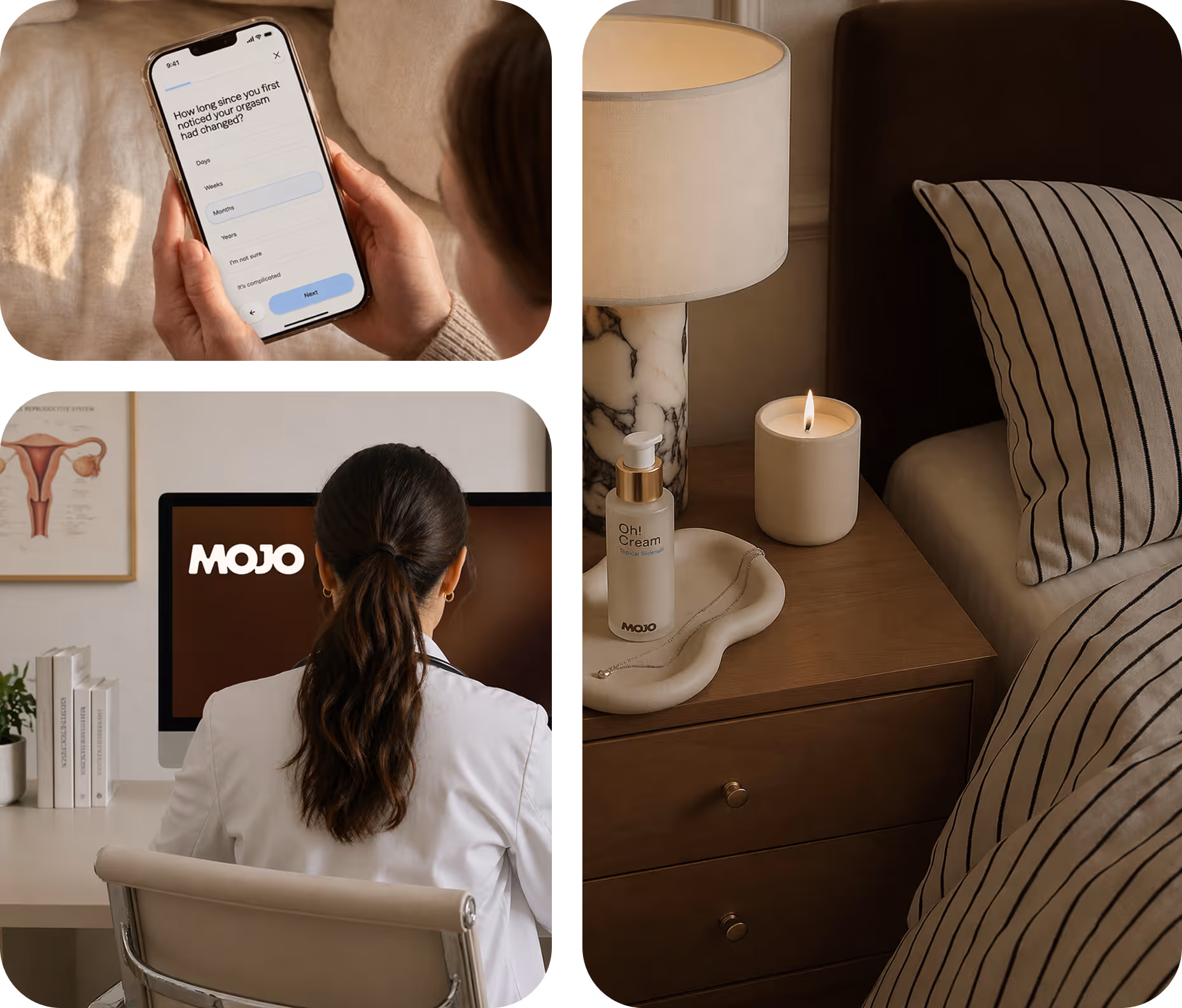 Collage showing a person holding a smartphone with a health questionnaire about breast changes, a female doctor in a white coat sitting at a desk facing a computer screen displaying the word MOJO, and a bedside table with a lit candle, lamp, and a bottle labeled Oh! Cream next to a striped pillow on a bed.