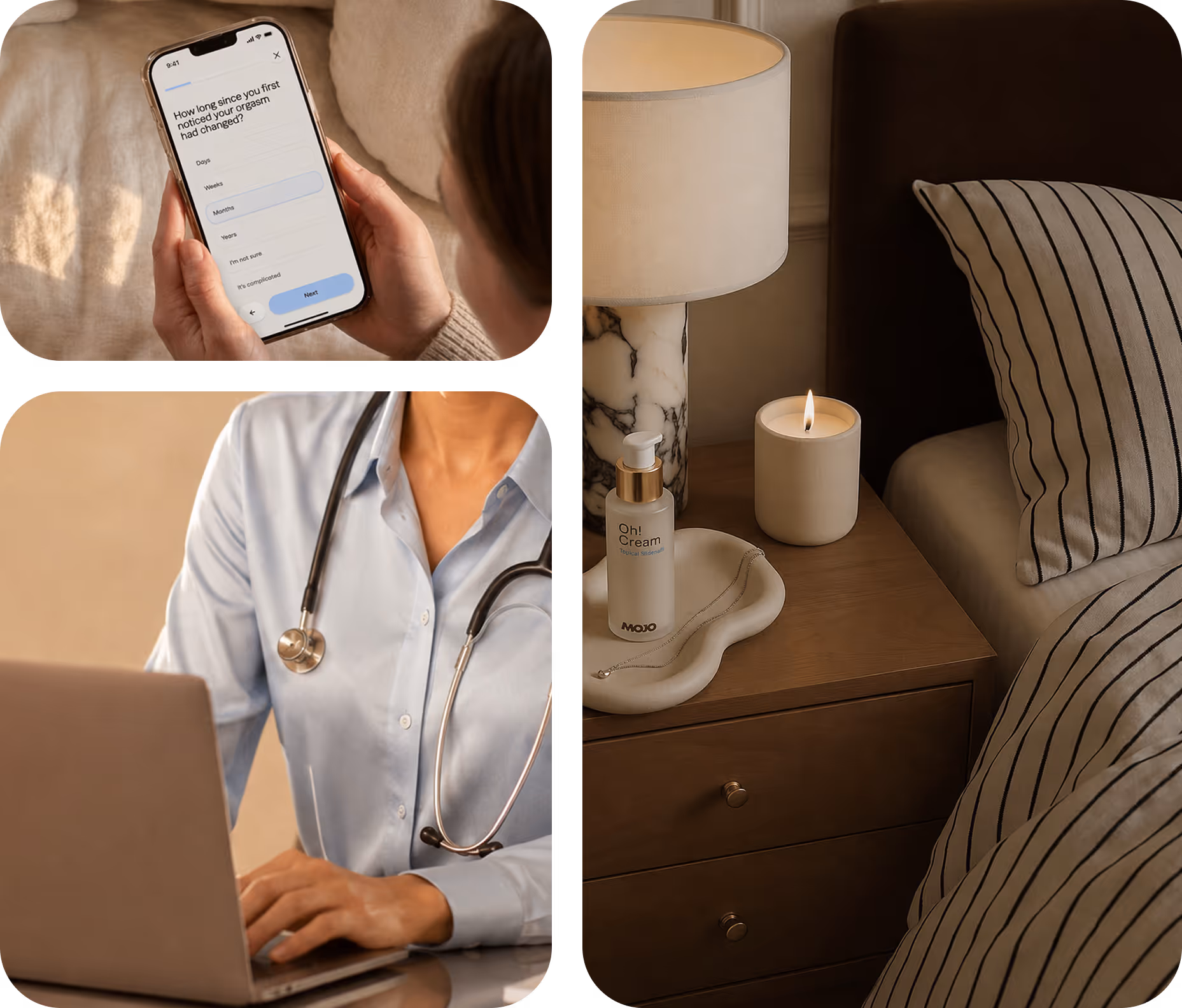 Collage of three images: top left shows a person holding a smartphone displaying a health app question about symptoms; bottom left shows a healthcare professional wearing a light blue shirt and stethoscope typing on a laptop; right side shows a bedside table with a lit candle, lamp, and a bottle of skincare cream next to a bed with striped pillows and sheets.