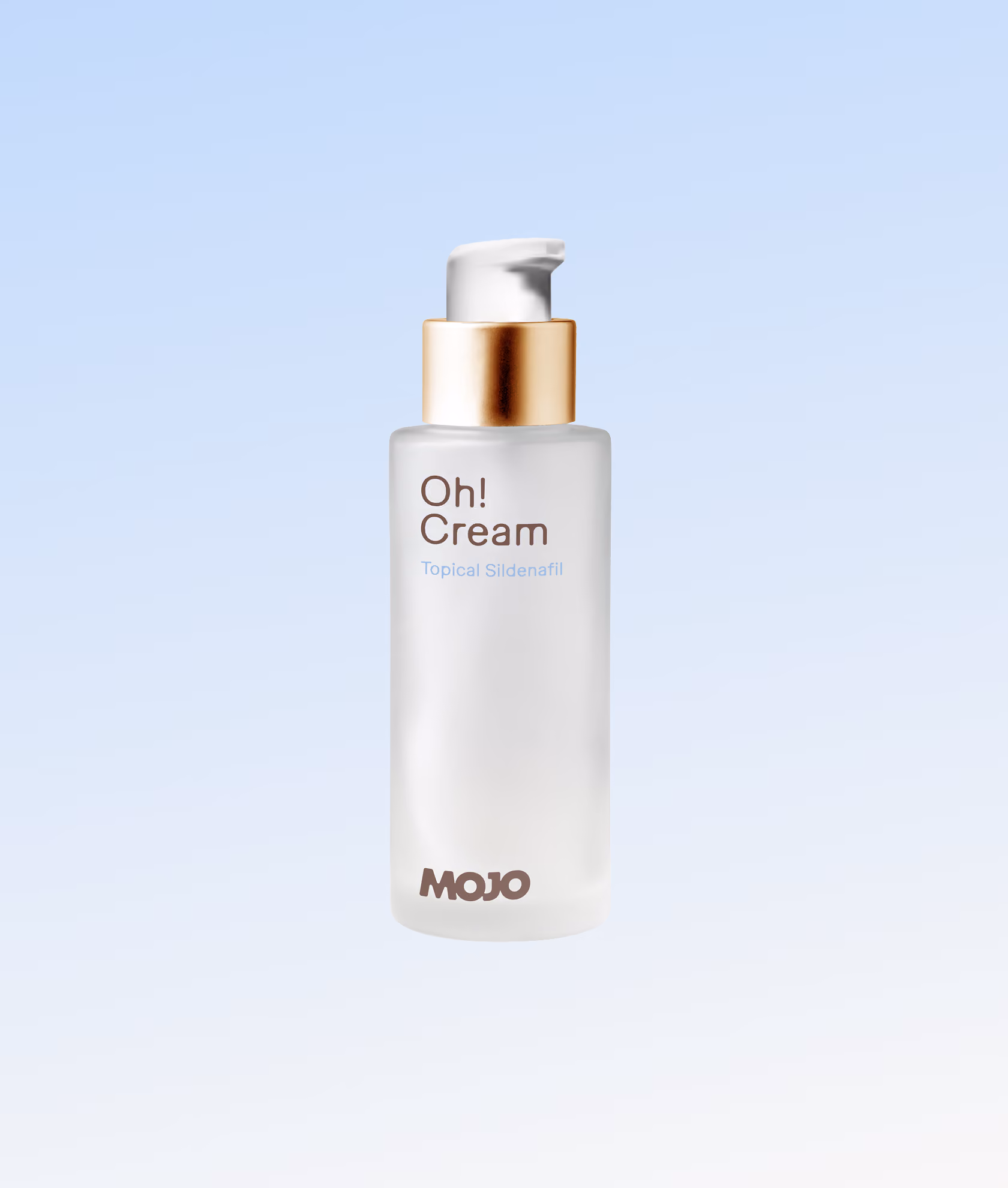 Frosted glass pump bottle with gold collar labeled 'Oh! Cream Topical Sildenafil' and brand name MOJO on light blue background.