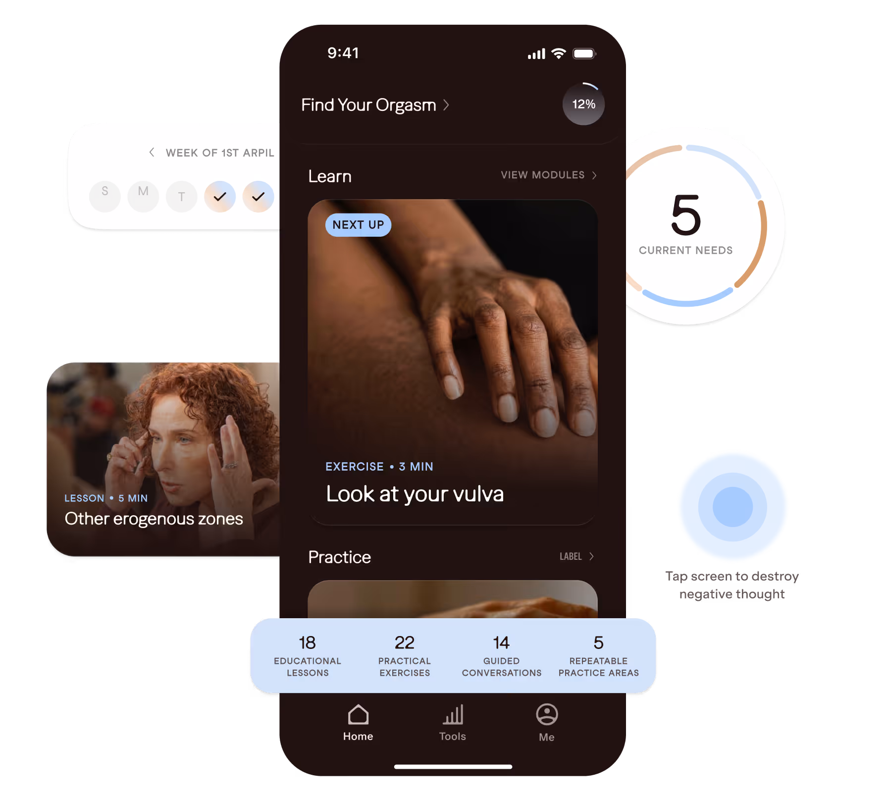 Mobile app interface titled 'Find Your Orgasm' showing a learning section with a 3-minute exercise 'Look at your vulva' and a 5-minute lesson on 'Other erogenous zones.' The app tracks progress with 12% completed and highlights 5 current needs. It features 18 educational lessons, 22 practical exercises, 14 guided conversations, and 5 repeatable practice areas. Navigation icons for Home, Tools, and Me are at the bottom.