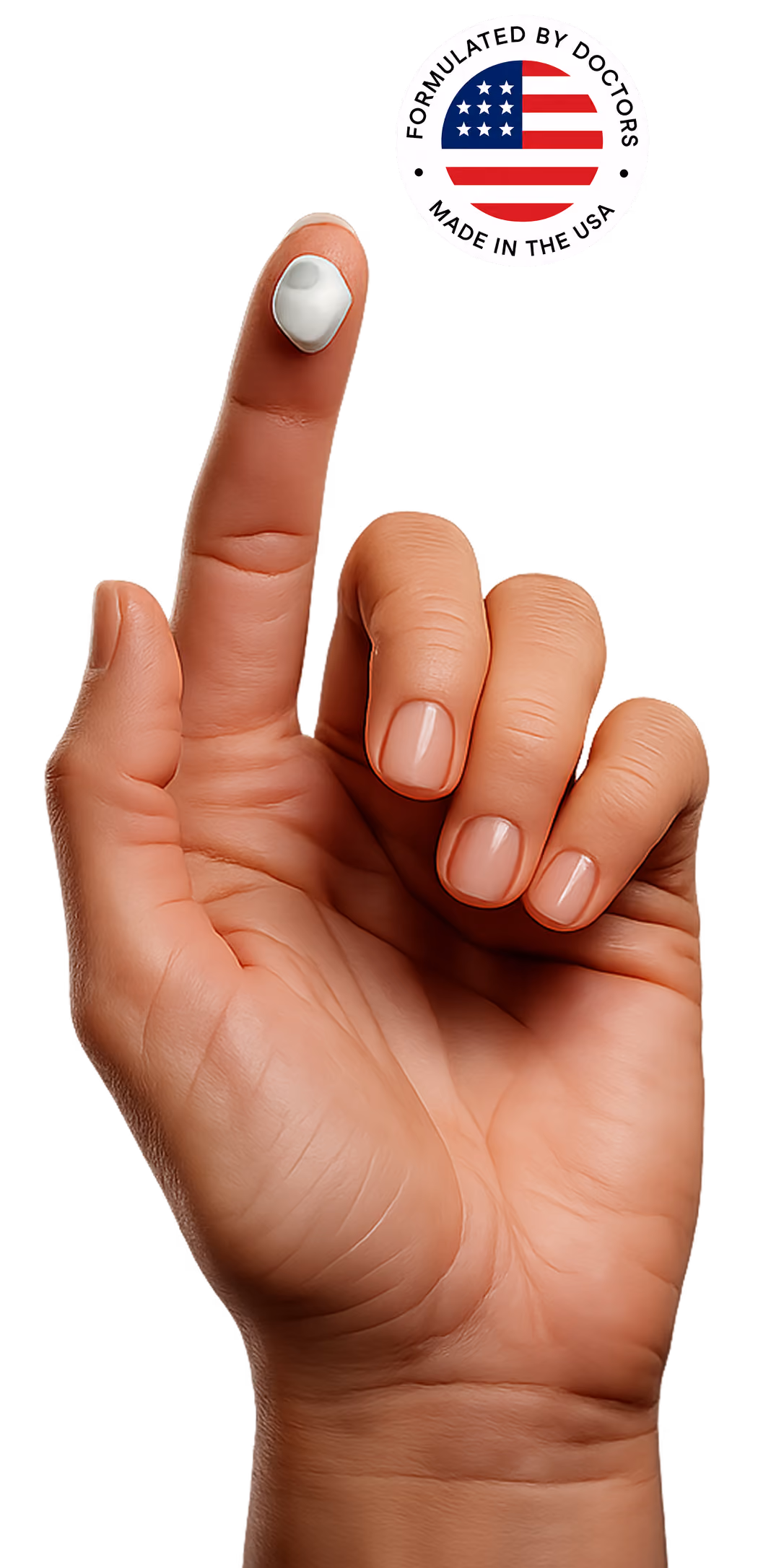 Close-up of a hand with natural nails holding a small dollop of white cream on the tip of the index finger, with a circular emblem featuring the American flag and text 'Formulated by Doctors, Made in the USA' in the upper right corner.