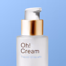 Frosted glass bottle with a gold pump dispenser labeled 'Oh! Cream' against a light blue background.