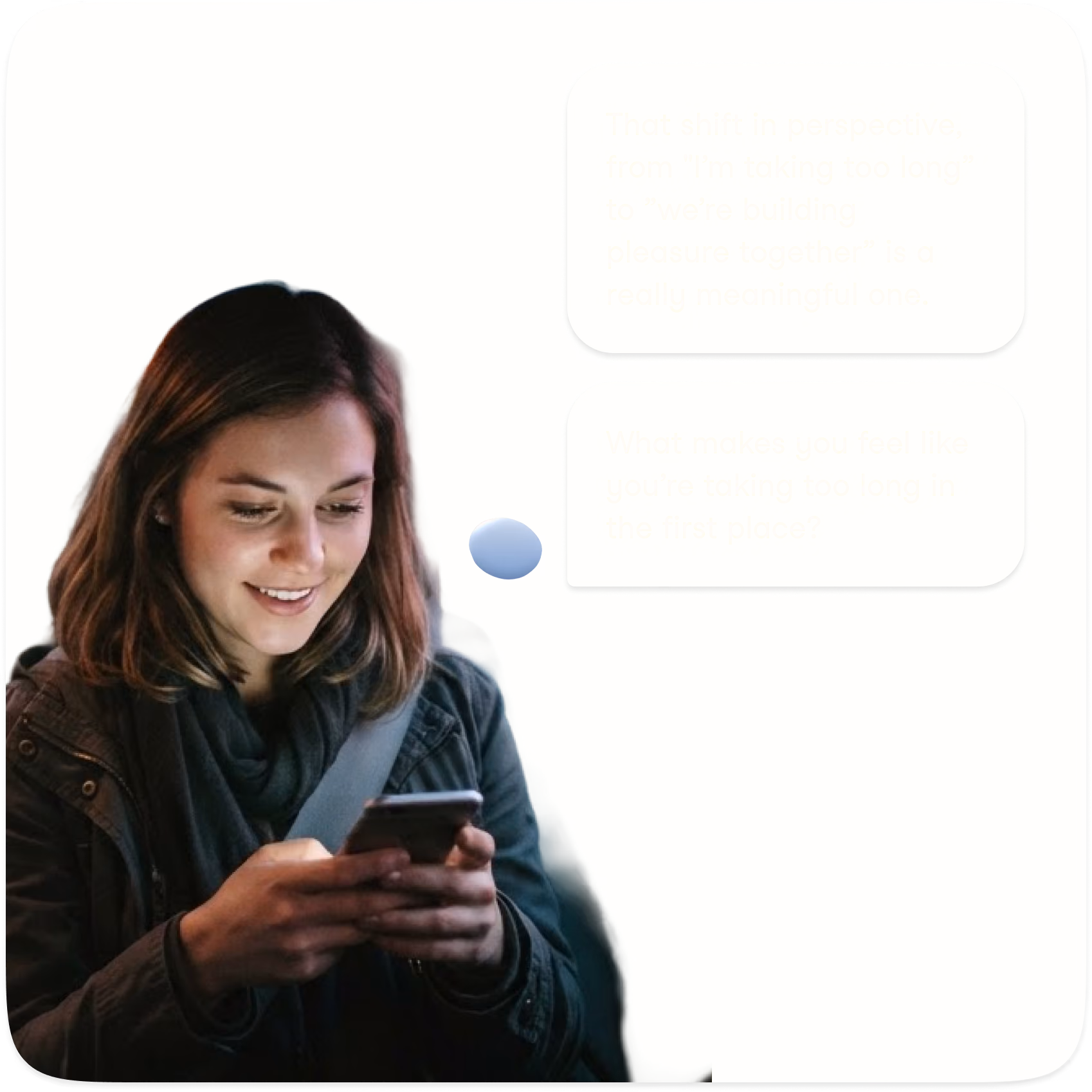A young woman with shoulder-length hair, wearing a jacket and seatbelt, smiling while looking at her smartphone, with two speech bubbles containing blurred text to her right against a beige background.