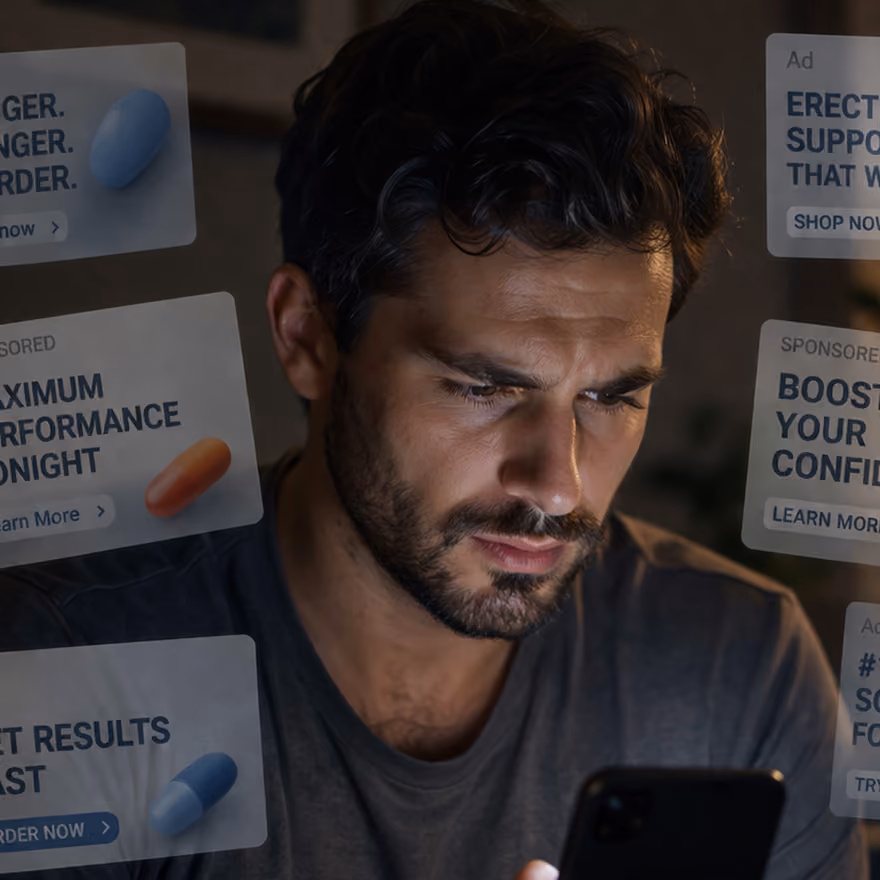 Man with dark hair and beard looking intently at a smartphone, surrounded by floating translucent digital ads about performance pills and confidence boosters.